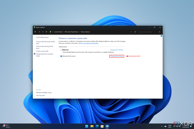Screenshot of Windows 11 power plan settings with the Change plan settings button highlighted