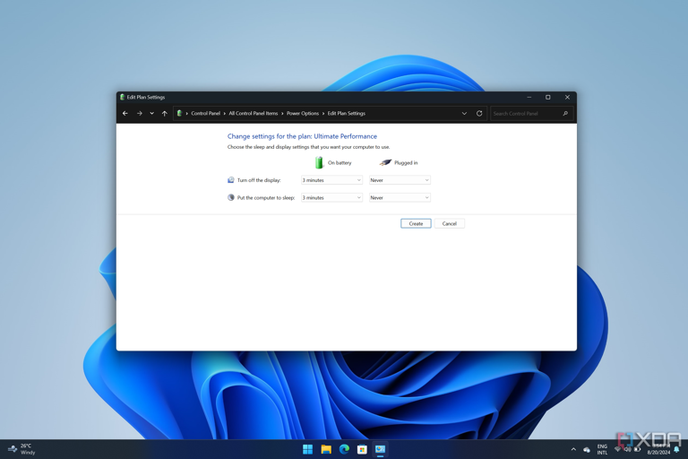 Screenshot of power plan settings after creating a new plan