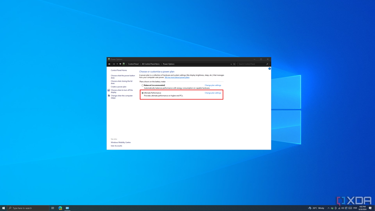 Screenshot of power options in the Windows 10 Control Panel with the Ultimate Performance plan selected