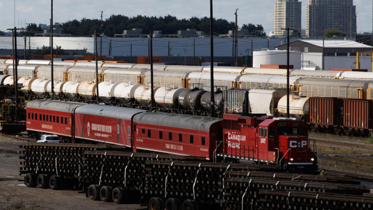 A Canadian Pacific Kansas City Ltd. train car at the Canadian Pacific Railway Toronto Yard in Toronto Aug. 20, 2024. Getty Images