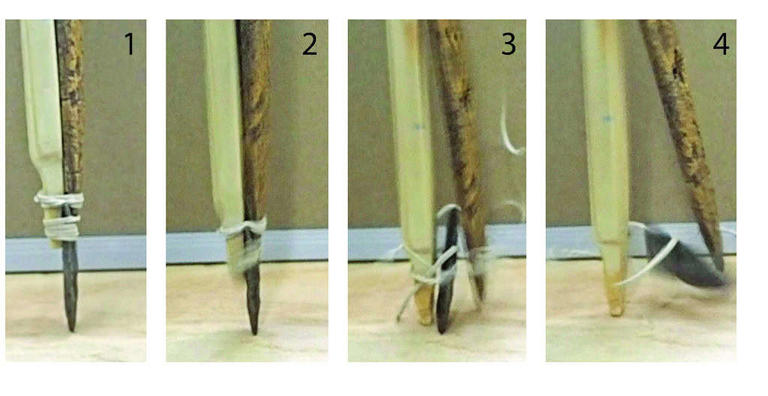 A high-speed photo sequence during a test after an 11.34 kg weight was dropped from 35 cm shows as the stone point recedes into and splinters the pike shaft. Researchers said the way the stone point could have pierced animal flesh and the wood-and-bone shaft opened up suggests that the spear as a system functioned similar to a hollow-point bullet. Credit: Scott Byram