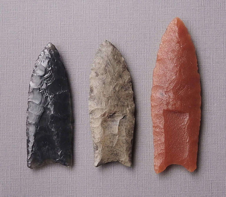 Clovis points are distinguishable, in part, due to their distinctive flute or channel flake scar near the base, as shown in these replicas. UC Berkeley researchers studied how the points functioned as part of a system and were used to bring down megafauna in the Ice Age. Credit: Scott Byram.