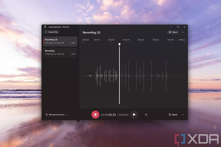 Windows 11 Sound Recorder app open over a desktop background