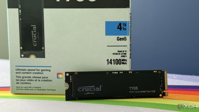 crucial t705 ssd standing up in front of its packaging