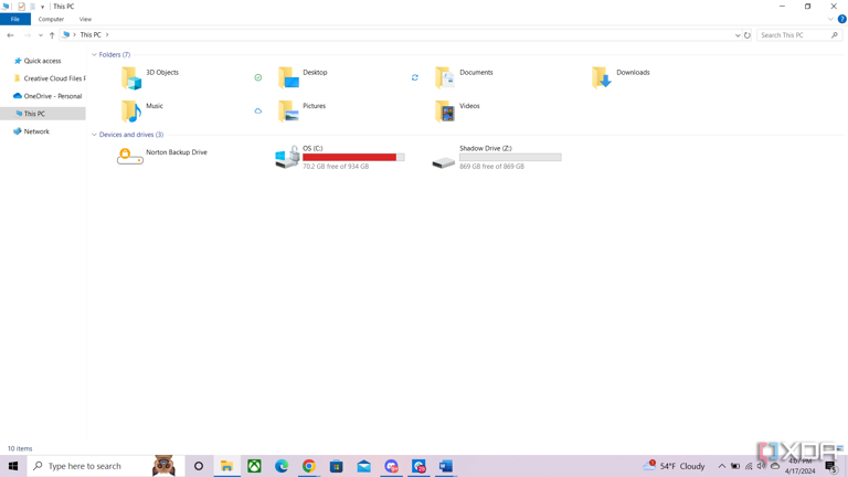 Windows 10 this pc window showing computer folders