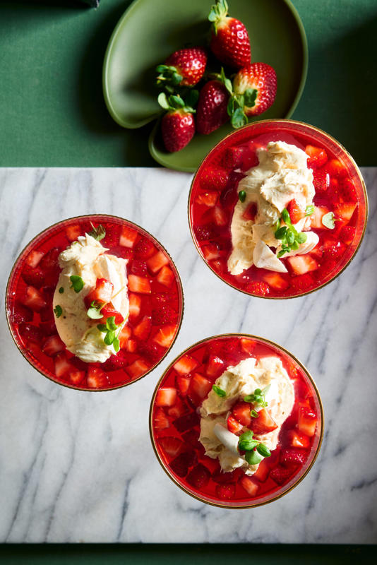 Colin’s strawberry consomme with meringue and vanilla mascarpone