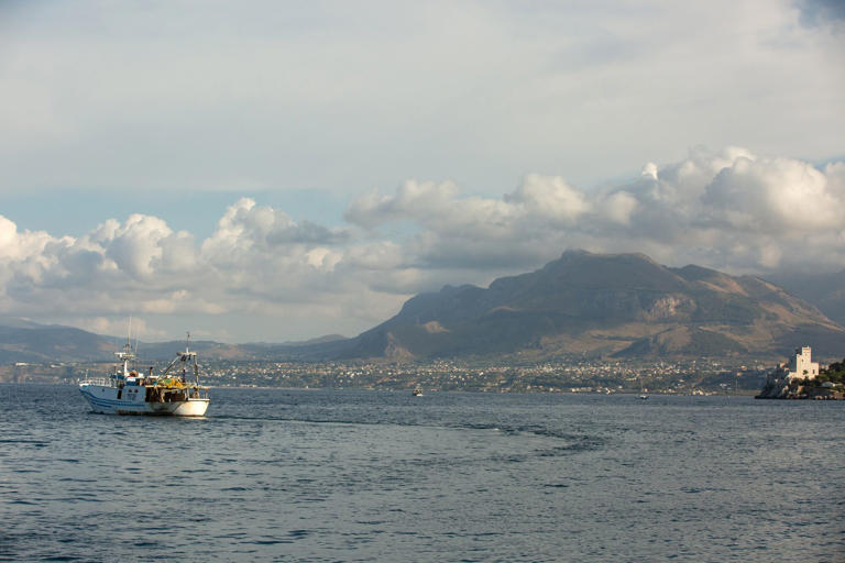 A fishing boat during search operations for the luxury yacht Bayesian, off the coast of Porticello, Italy, on Aug. 22.