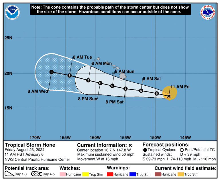 Tropical Storm Hone's forecast path takes it just south of Hawaii over the weekend.