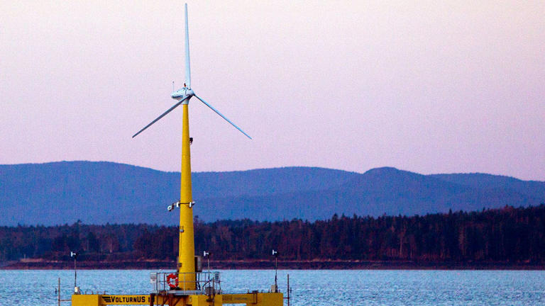 The University of Maine's first prototype of an offshore wind turbine is seen in this Sept. 20, 2013, file photo, near Castine, Maine. AP Images