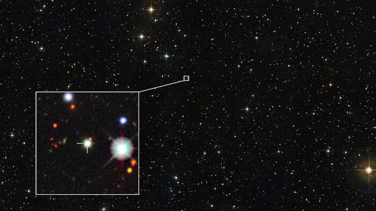 This image shows the region of the sky in which the record-breaking quasar J0529-4351 is situated. (Photo: ESO)