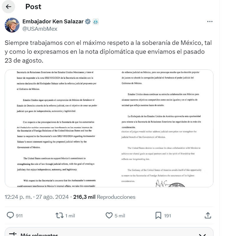 Embajada de EU le responde a AMLO Créditos: Especial