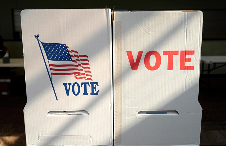 A voting booth is pictured during voting at St. George Greek Orthodox Church in Oklahoma City, Tuesday, Aug., 27, 2024.