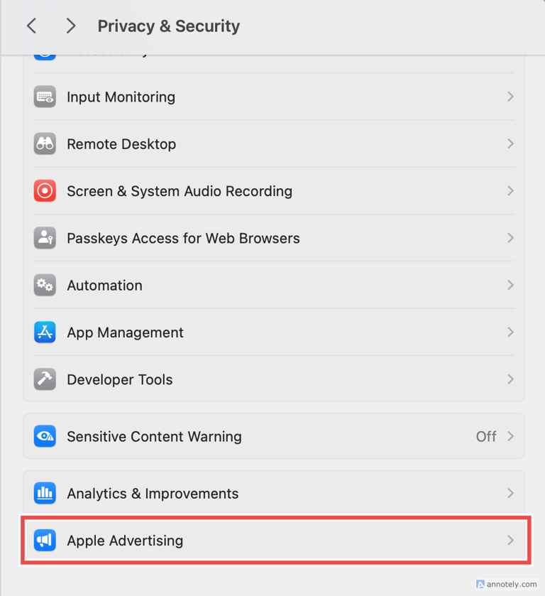 Apple Advertising settings on MacBook.