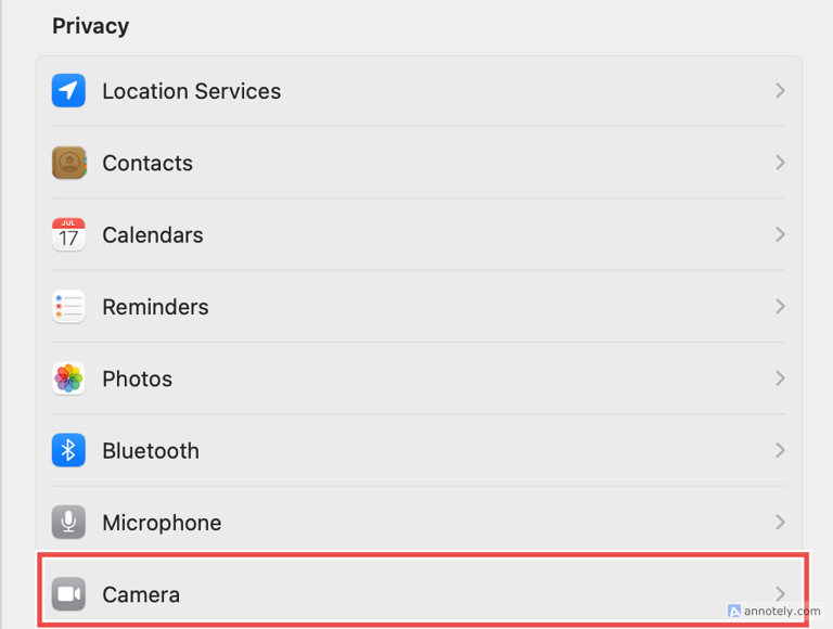 Camera privacy settings on MacBook.