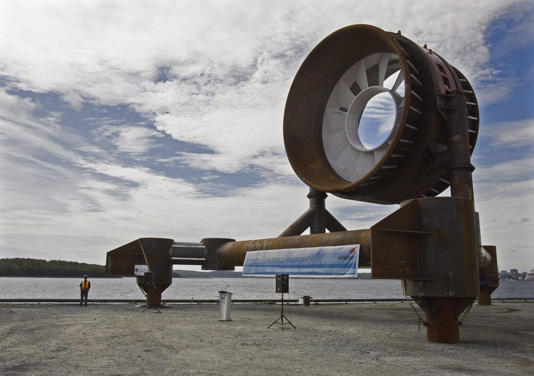 A large tidal power turbine built for Nova Scotia Power is shown in Dartmouth, N.S. on Wednesday, Sept. 23, 2009. The company Occurrent, which developed a separate test project, has recently become the latest in a series of failed efforts to harness the Bay of Fundy's tides. THE CANADIAN PRESS/Andrew Vaughan