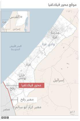 خريطة تظهر حدود محور فيلادلفيا بين غزة ومصر