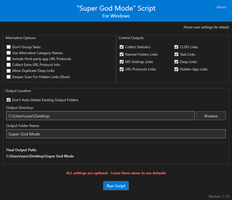 The Super God Mode window