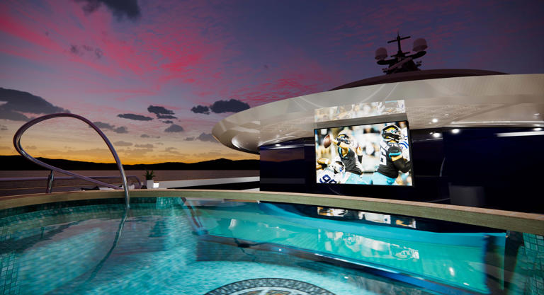 One of the yacht's many pools looks onto a television — playing a Jaguars game, of course. Courtesy of Cecil Wright