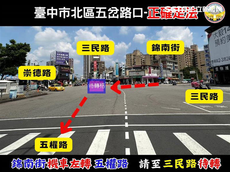 警方提醒機車騎士行經五岔路口，務必注意交通號誌及地上標線。（圖／翻攝畫面）