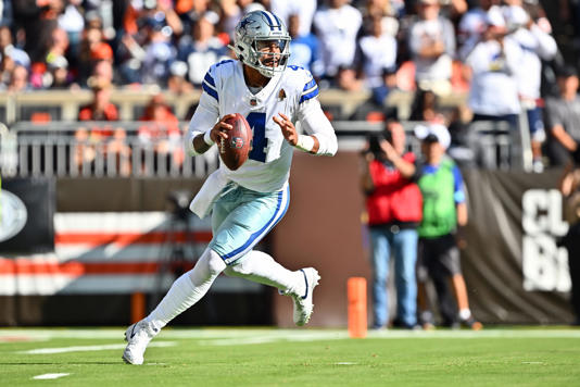 CLEVELAND, OHIO - SEPTEMBER 08: Dak Prescott #4 of the Dallas Cowboys looks to pass the ball in the first quarter of the game against the Cleveland Browns at Cleveland Browns Stadium on September 08, 2024 in Cleveland, Ohio. (Photo by Jason Miller/Getty Images)