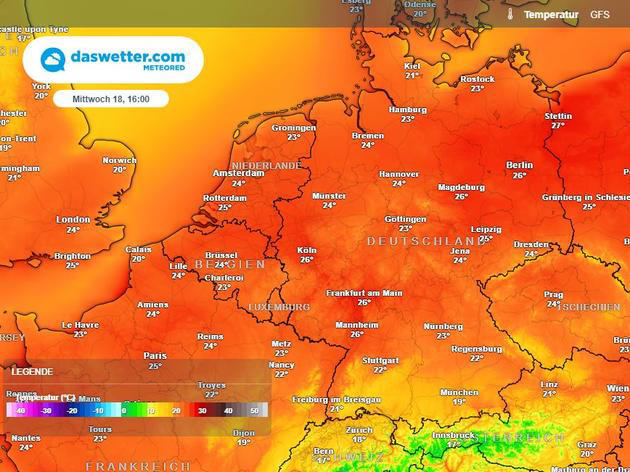 Die Wetterkarte zeigt die Höchstwerte am Mittwoch (18. September) in Deutschland. 