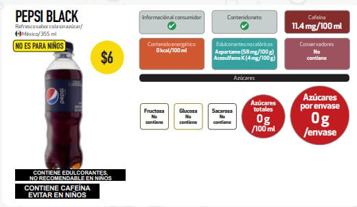 Análisis de Pepsi Black, mostrando su contenido de azúcar, cafeína y edulcorantes. FOTO: Revista del Consumidor. Mayo 2023.