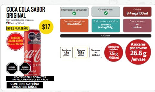 Análisis de la Coca-Cola Sabor Original, mostrando su contenido de azúcar, cafeína y edulcorantes. FOTO: Revista del consumidor. Mayo 2023.