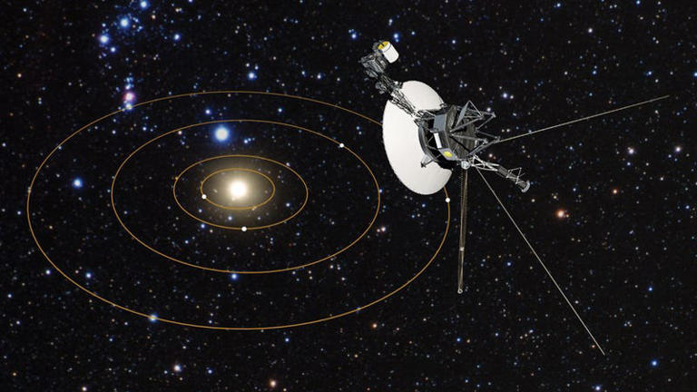 An artist's impression of Voyager 1 and the Solar System