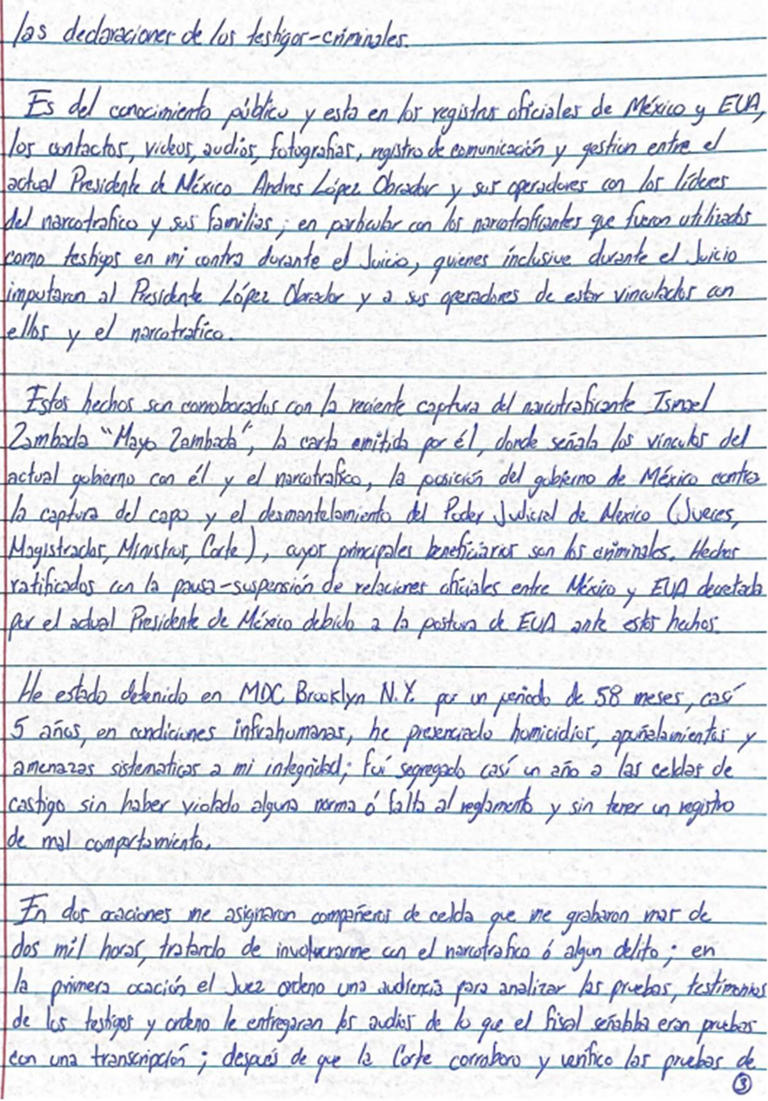 Escrito de Genaro García Luna fechado el 13 de septiembre del 2024. Foto: Especial
