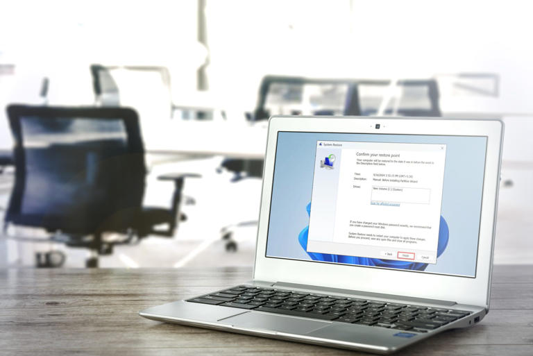 System Restore window on a Windows laptop