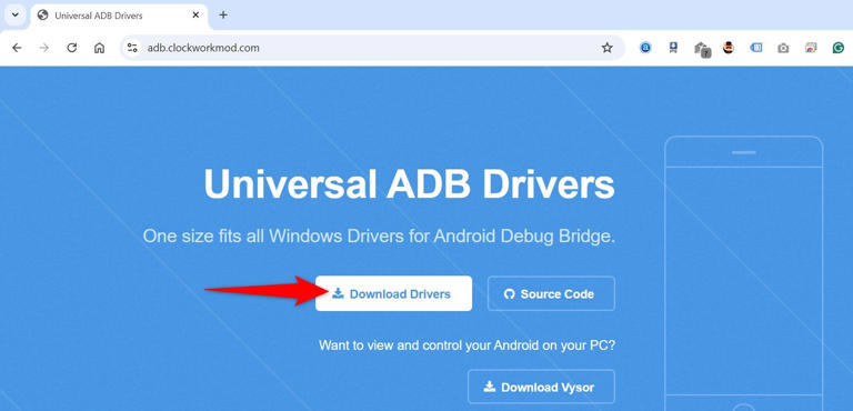 'Download Drivers' highlighted on the Universal ADB Drivers site.