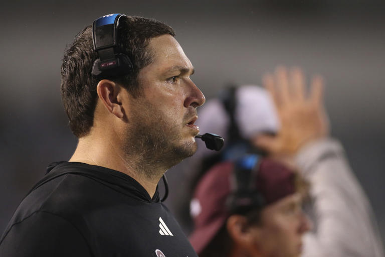 Mississippi State head coach Jeff Lebby looks on during the second half of an NCAA college football game against Toledo in Starkville, Miss., Saturday, Sept. 14, 2024. (AP Photo/James Pugh)