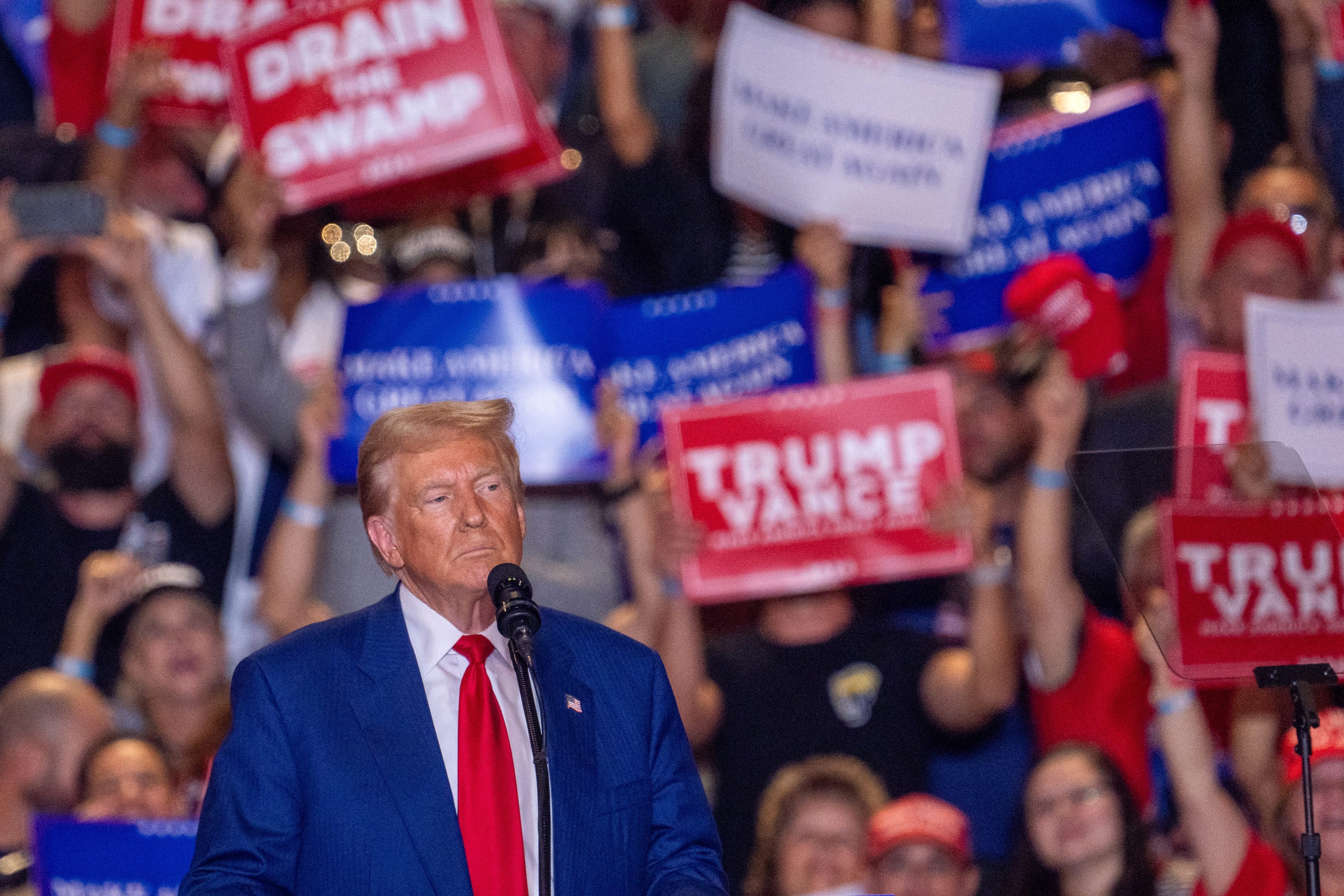 Former President and Republican presidential candidate Donald Trump arrives to speak at a campaign rally in Uniondale, N.Y., on Sept. 18, 2024.
