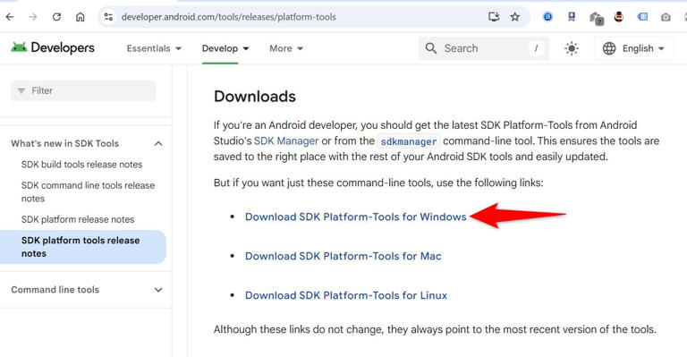 Platform Tools' Windows version highlighted on the Google Platform Tools webpage.