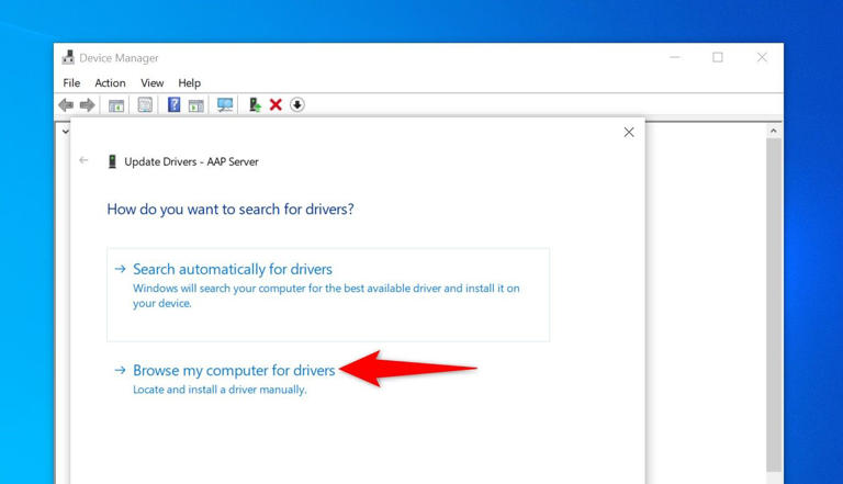 'Browse My Computer for Drivers' highlighted in Device Manager.