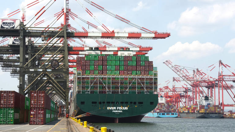 A container ship being unloaded at Maher Terminals in the Port of Elizabeth.