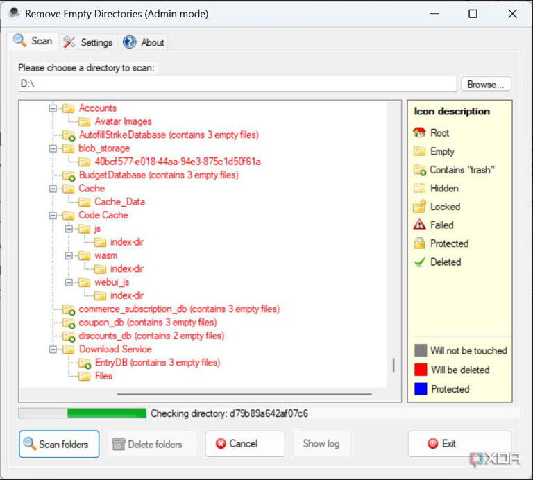 Screenshot of RED tool scanning for empty folders