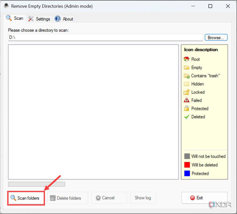 Screenshot of Scan Folders button to start scanning for empty folders