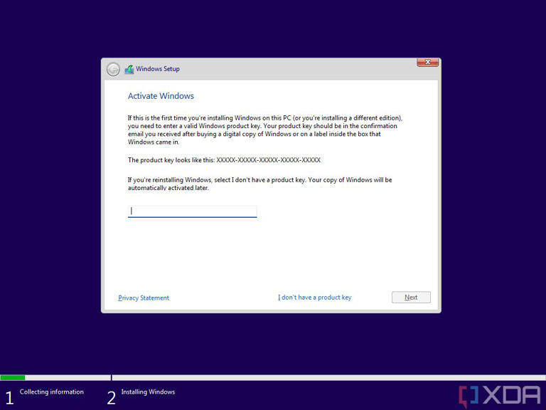 Screenshot of Windows 11 Setup asking for a product key to activate Windows