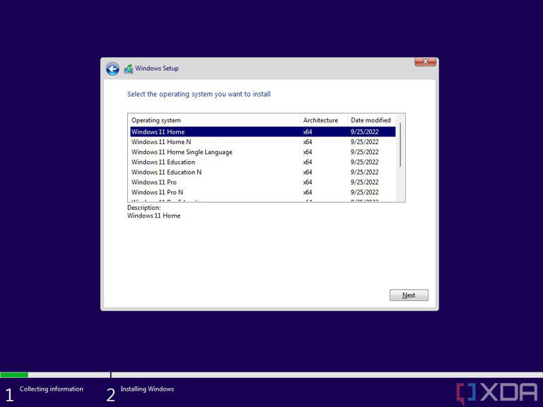Screenshot of Windows 11 Setup asking the user to choose an edition to install