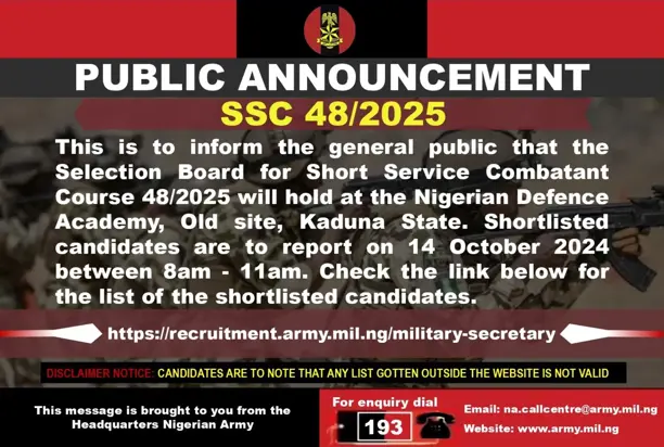 Nigerian Army announces date for Short Service Combatant Course 48/2025 selection board