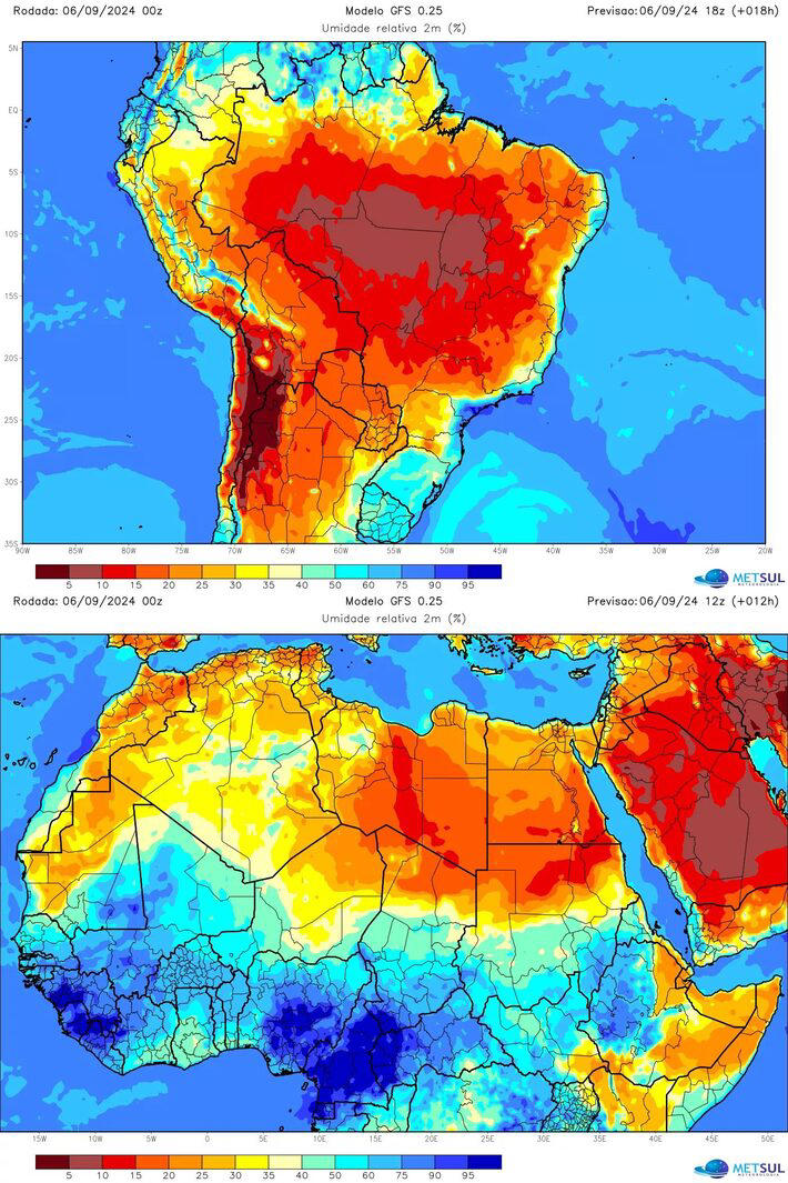 Mapa do modelo norte-americano GFS analisado pela MetSul, indicando baixa umidade do ar em todo o território brasileiro (acima) e excepcionalmente alta no Saara (abaixo) Foto: METSUL