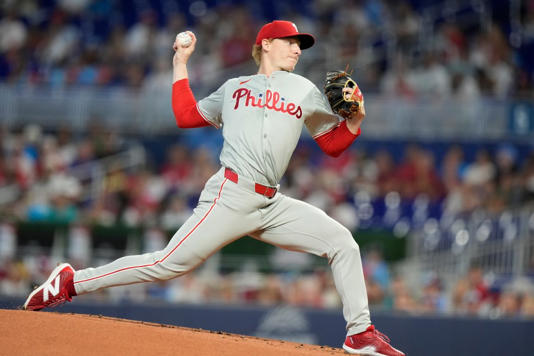 Philadelphia Phillies starting pitcher Seth Johnson throws during the first inning of a baseball game against the Miami Marlins, Sunday, Sept. 8, 2024, in Miami. (AP Photo/Lynne Sladky)