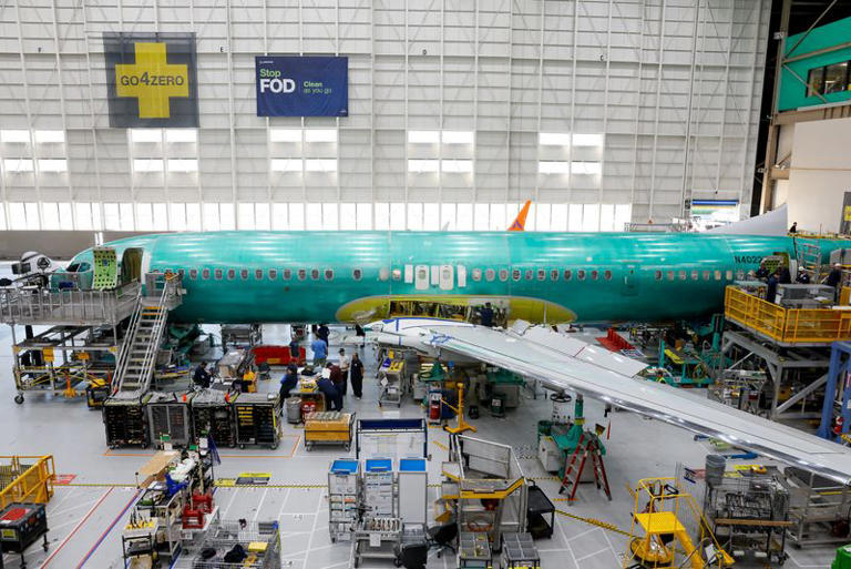 A Boeing 737 MAX aircraft is assembled at the company's plant in Renton, Washington, U.S. June 25, 2024. Jennifer Buchanan/Pool via REUTERS/File Photo