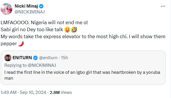 Nicki Minaj Fires Back: "Nigeria Will Not End Me"