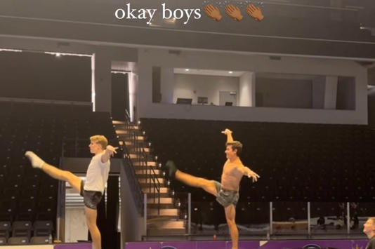 Biles shared a video of the men practising their balance beam routine