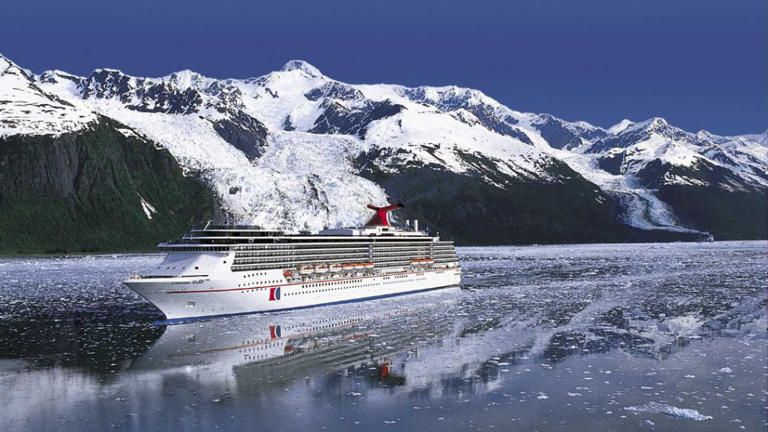 The Carnival Spirit cruise ship, photographed here sailing Alaska, recently collided with an iceberg near the city of Juneau.