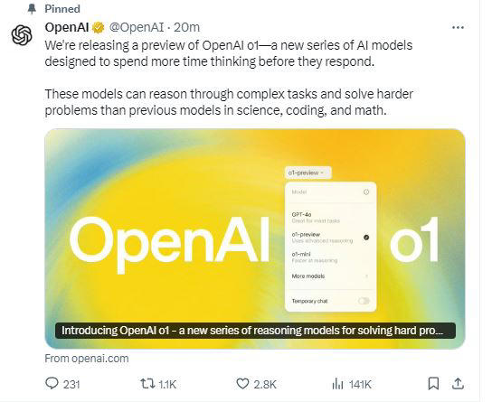 OpenAI在社交媒体官宣发布o1模型