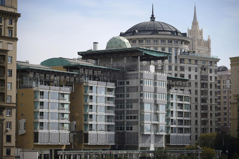 A view of the British Embassy building, centre, in Moscow, Russia, Friday, Sept. 13, 2024, with the Russian Foreign Ministry building in the right. (AP Photo)