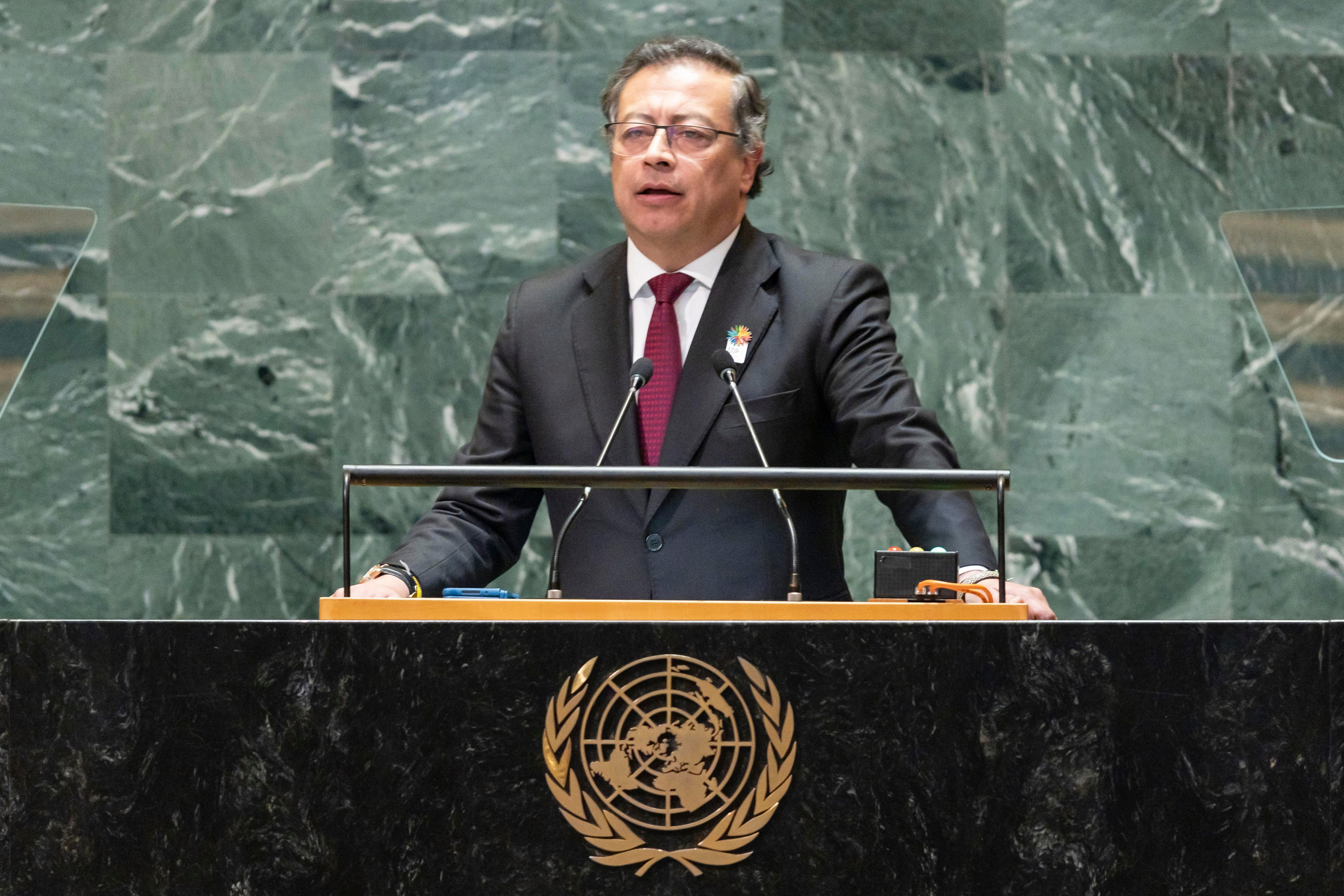 New York (United States), 24/09/2024.- Colombian President Gustavo Petro speaks during the General Debate of the 79th session of the United Nations General Assembly at United Nations Headquarters in New York, New York, USA, 24 September 2024. The annual high-level General Debate gathers world leaders from 24 to 28 September, and 30 September under the theme, 'Leaving no one behind: acting together for the advancement of peace, sustainable development and human dignity for present and future generations'. (Nueva York) EFE/EPA/JUSTIN LANE